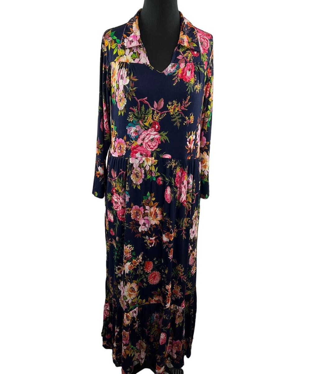 NWT Tolani Collection Blue Multi Floral Knit Collared Tiered Ruffle Maxi Dress M